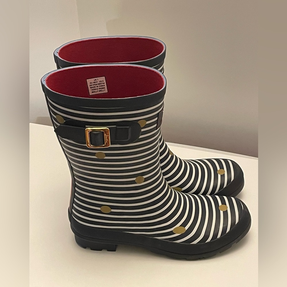 JOULES RAIN BOOTS BOHO MID CALF, MOLLY WELLIE BLUE STRIPED GOLD DOTS SIZE 9